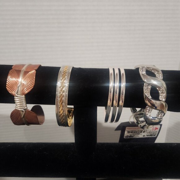 4 Mixed Metal Bangle & Cuff Cooper & Silver Toned Bracelets - Picture 1 of 9